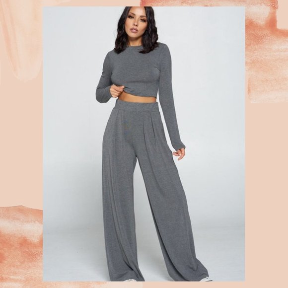 Crop Tee Palazzo Pant Lounge Set - Picture 1 of 1